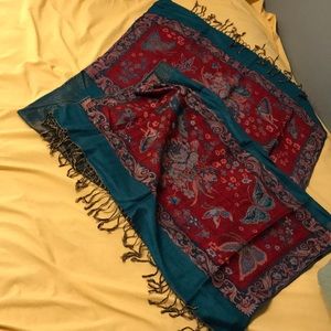 Heavy fabric blue butterfly scarf with tassels